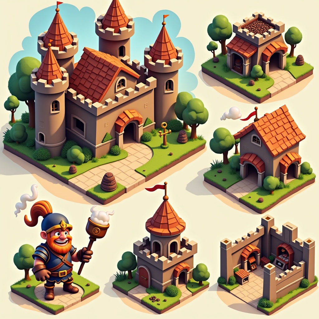Building concept sheet: keep, roastery, storehouse and walls, plus a character holding a coffee mug
