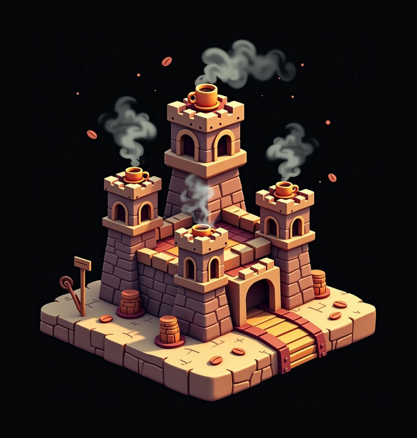 Coffee Empire key art: a fortified coffee settlement seen from above