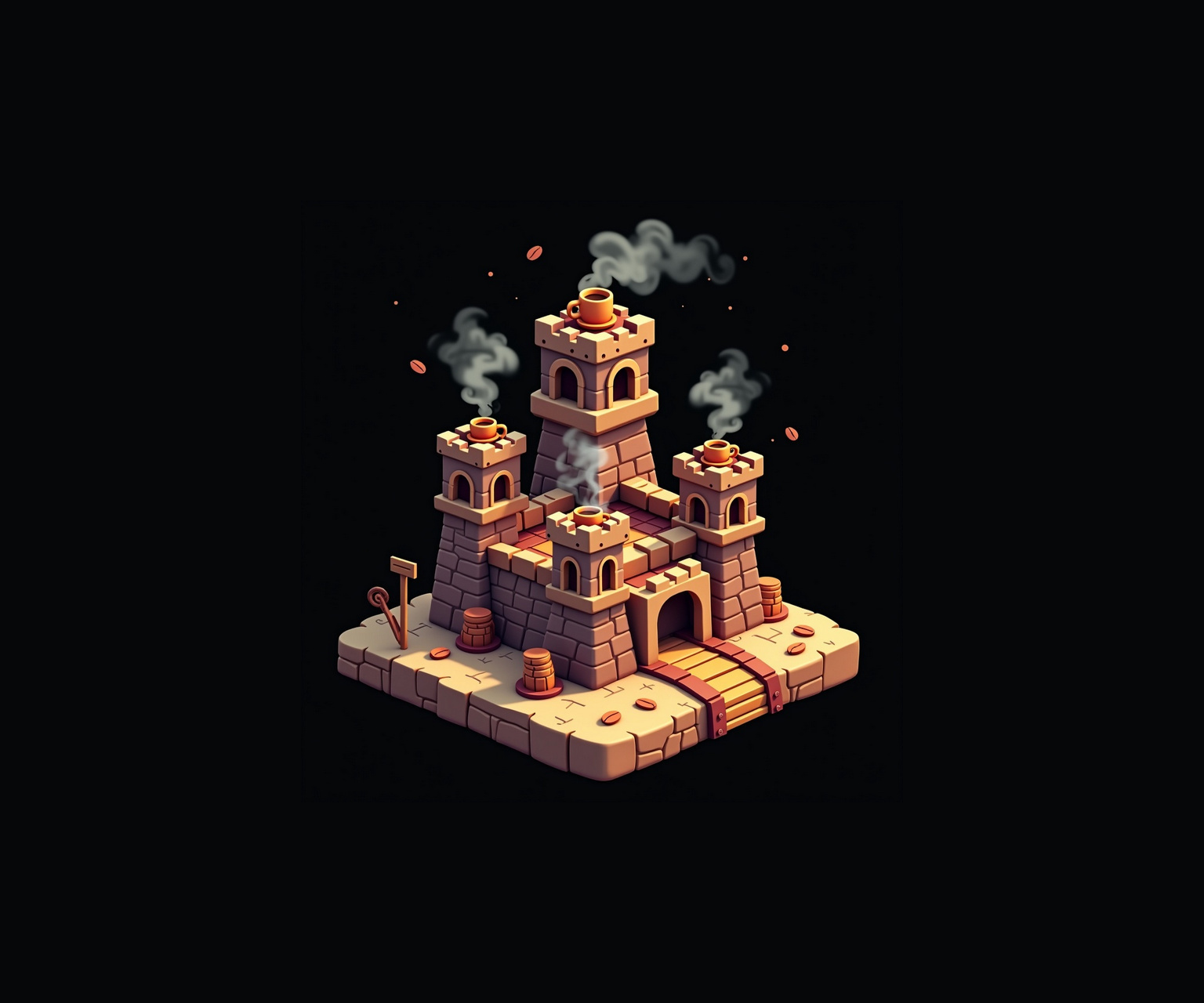 Concept art from Coffee Empire: an isometric fortress built from coffee sacks and barrels