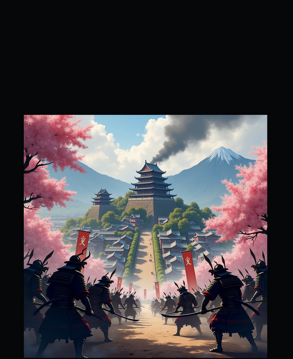 Warlord of Sengoku key art: samurai advancing on a hilltop castle beneath cherry blossom and Mount Fuji